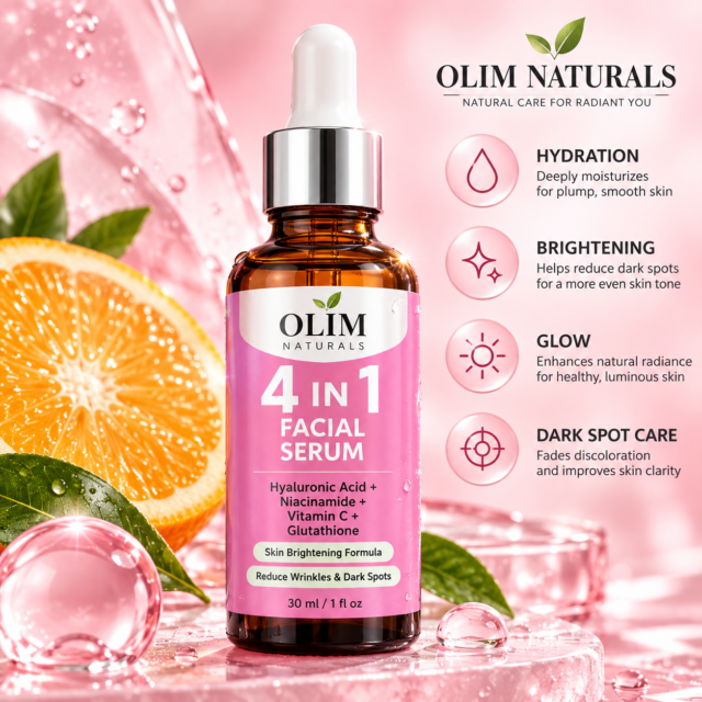 Olim Naturals 4 in 1 Facial Serum – Hyaluronic Acid, Niacinamide, Vitamin C & Glutathione – 30ml